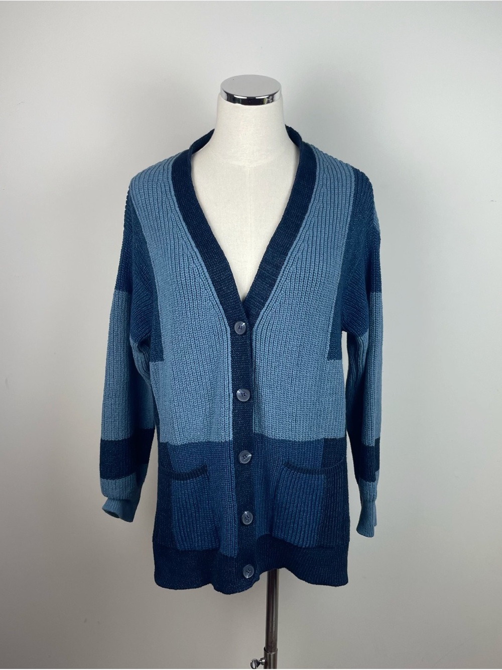 Zara Blue Patchwork Chunky Knit V Neck Button Front Cardigan Sweater Women Small